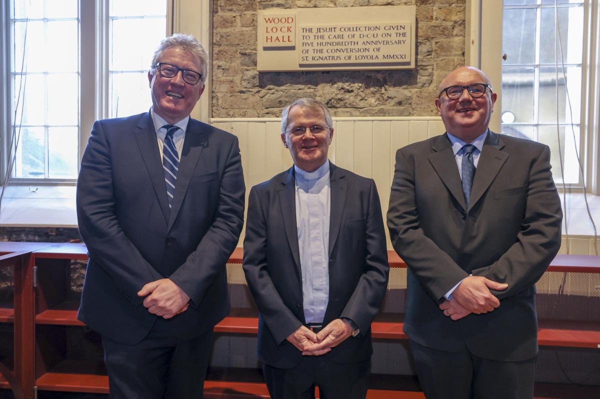 Prof Daire Keogh, President of Dublin City University and Father Leonard Moloney SJ, Irish Jesuit Provincial and John McDonough, DCU Librarian.