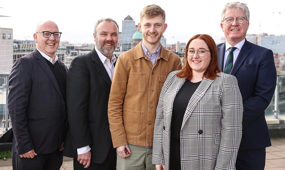 From left: Professor Kevin Rafter, DCU; Cormac Bourke, Mediahuis Ireland Editor-in-Chief; DCU journalism students Liam Coates and Erin Murphy, and President of DCU Professor Daire Keogh. Photo: Gerry Mooney. 