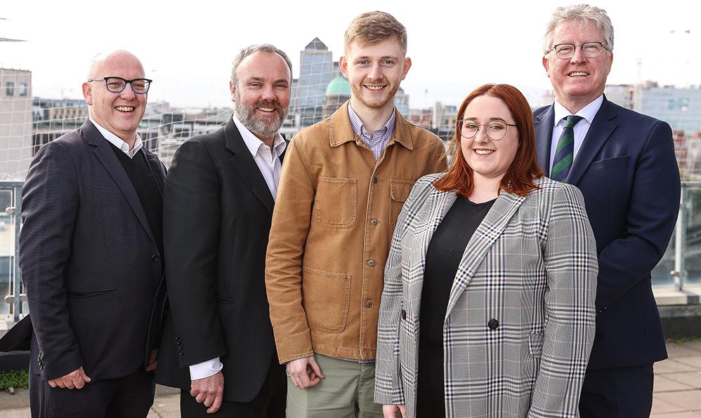 From left: Professor Kevin Rafter, DCU; Cormac Bourke, Mediahuis Ireland Editor-in-Chief; DCU journalism students Liam Coates and Erin Murphy, and President of DCU Professor Daire Keogh. Photo: Gerry Mooney.