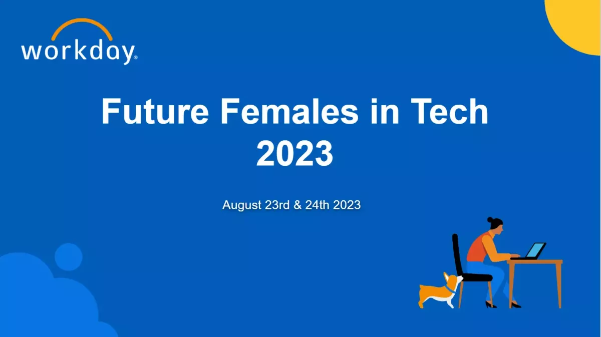 "Future Females in Tech 2023 Aug 23-24" Woman at a desk with a Corgi at her feet