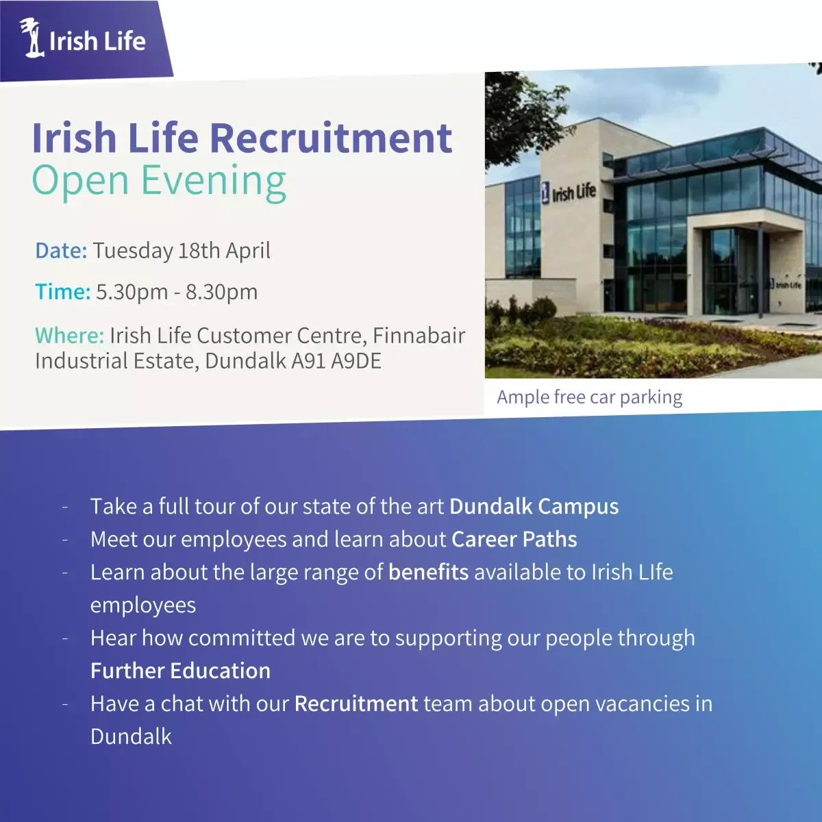 Image of the Irish Life Building with text on the side with dates and location and summary of what you will get on the day