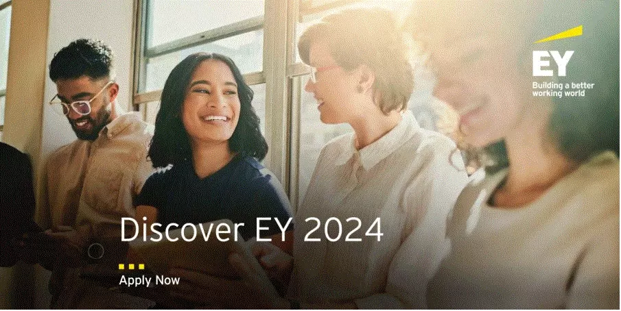 Image - People sitting talking, laughing, smiling Text - Discover EY 2024, Apply now Branding - EY, Building a better working world