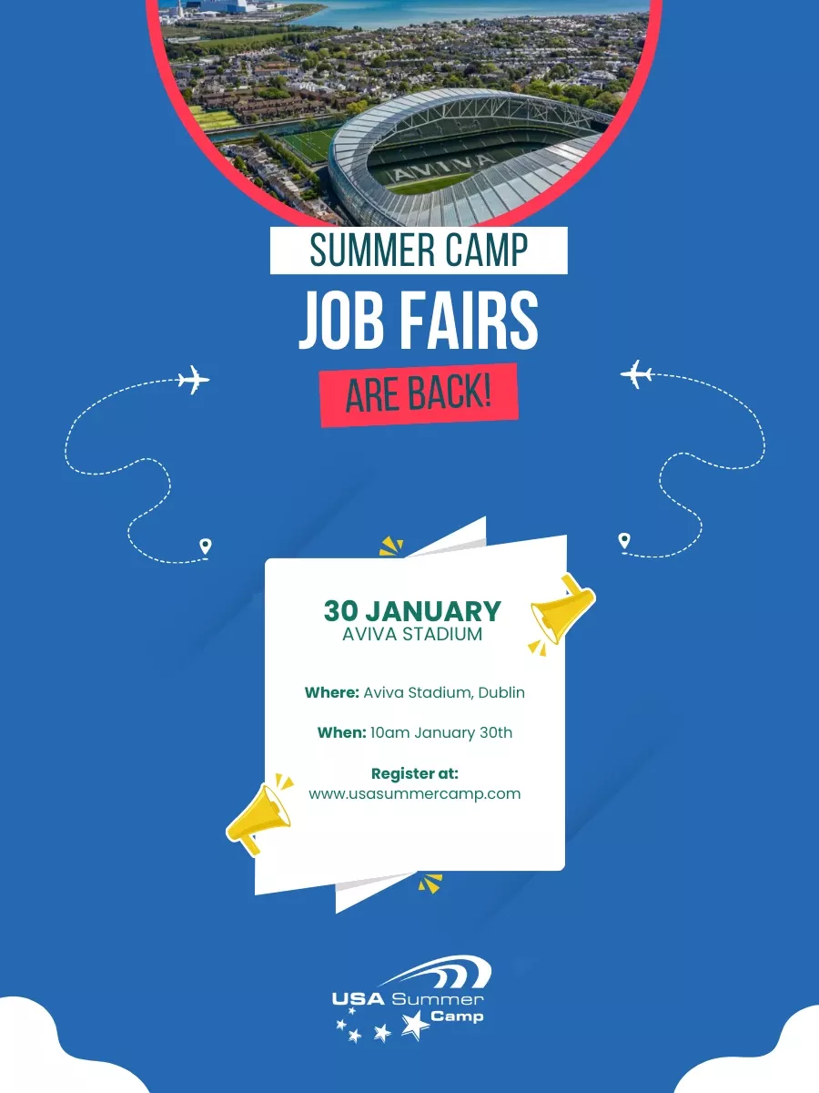 graphic detailing the summer camp job fair on January 30th 2024 at 10am in the Aviva Stadium