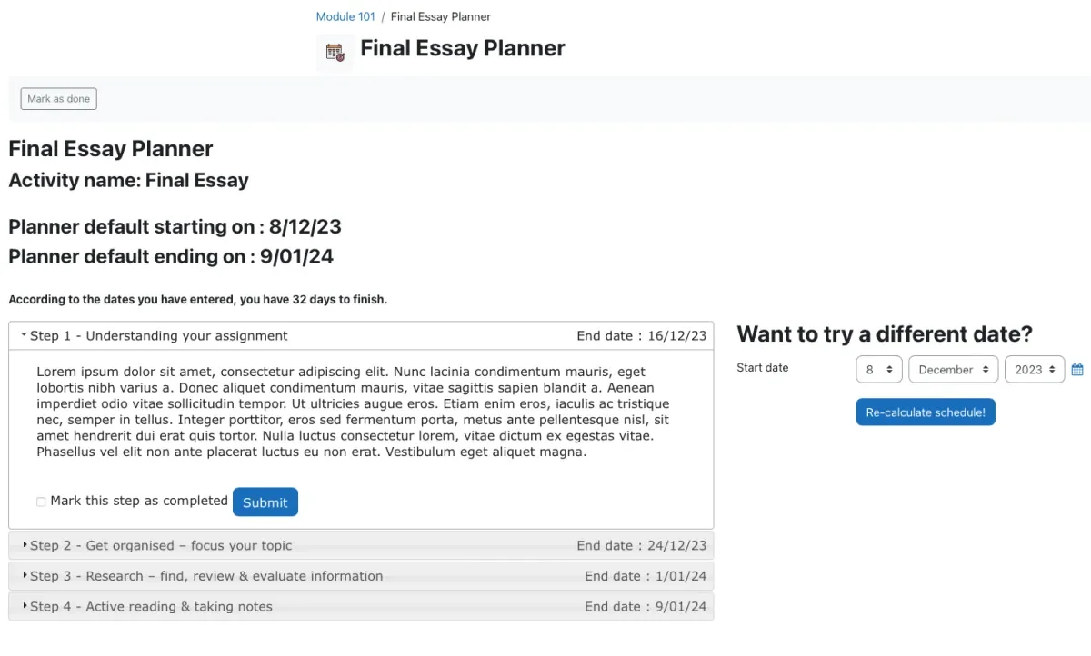 Screenshot of a Moodle Planner showing steps for students, dates steps are due, and an option for them to recalculate their steps