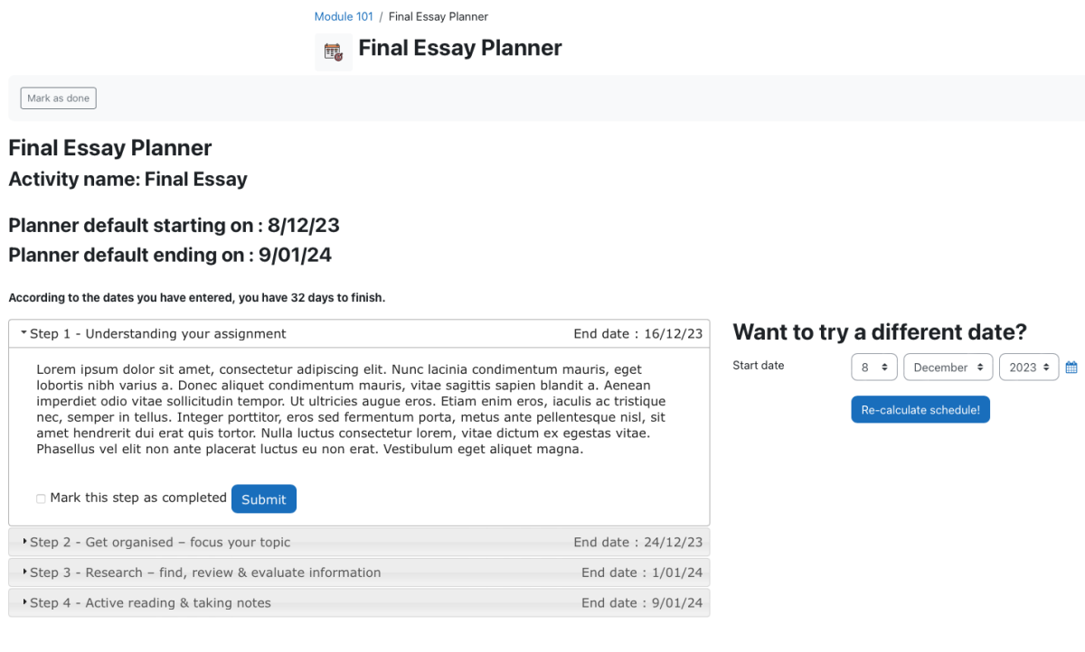 Screenshot of a Moodle Planner showing steps for students, dates steps are due, and an option for them to recalculate their steps