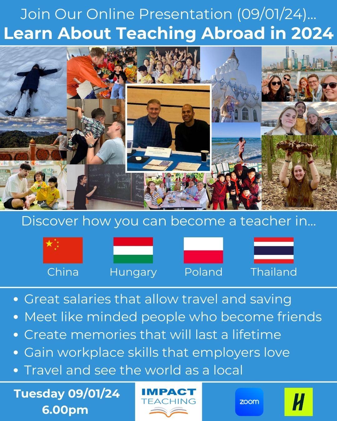A flyer with the words 'learn about teaching abroad in 2024' with images of people all over the world
