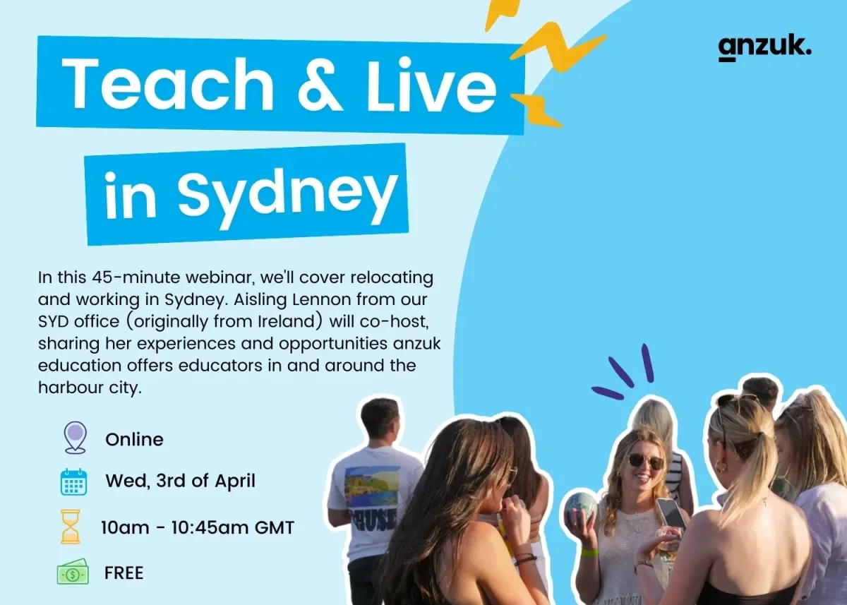 Webinar ad includes paragraph with a bio of event and then webinars, time, date and cost. overseas educators at a anzuk international educator event in Australia, one holding a bowls ball.