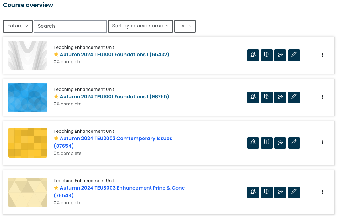 Screenshot of Course Overview on a Loop Dashboard showing four courses in list view