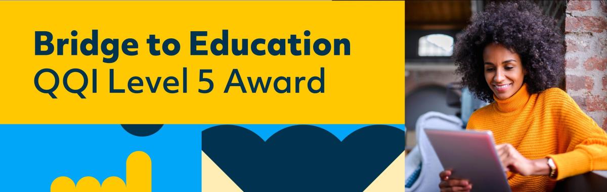 Bridge to Education course banner. A woman sitting down, looking at a tablet and smiling.