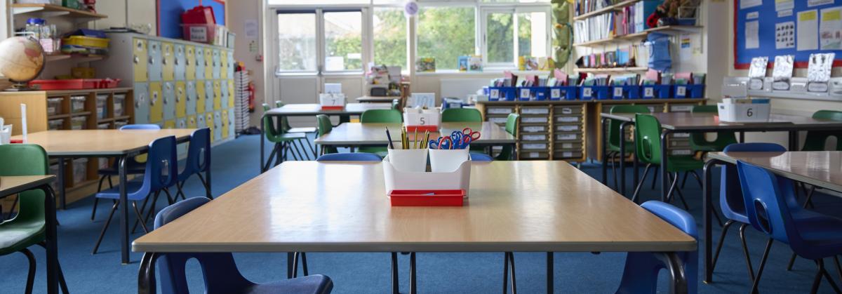 Shows empty primary school classroom
