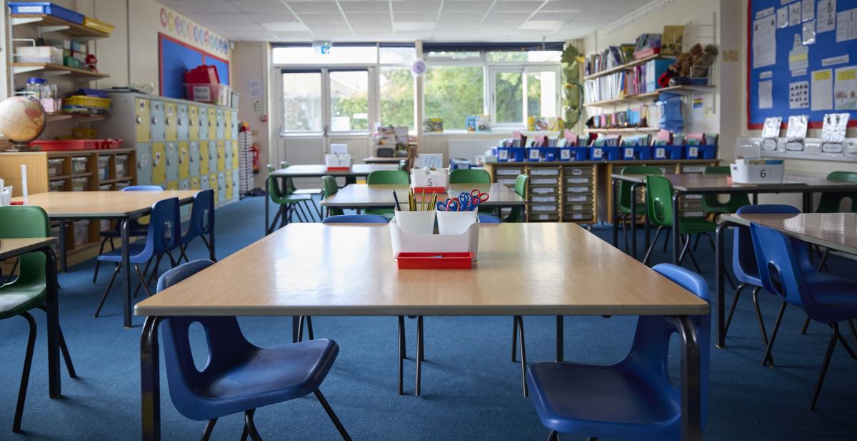 Shows empty primary school classroom