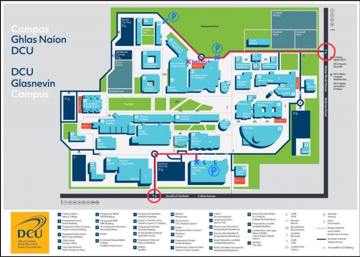 Map of DCU with the accessible parking spaces marked on the road leading from the Ballymun entrance
