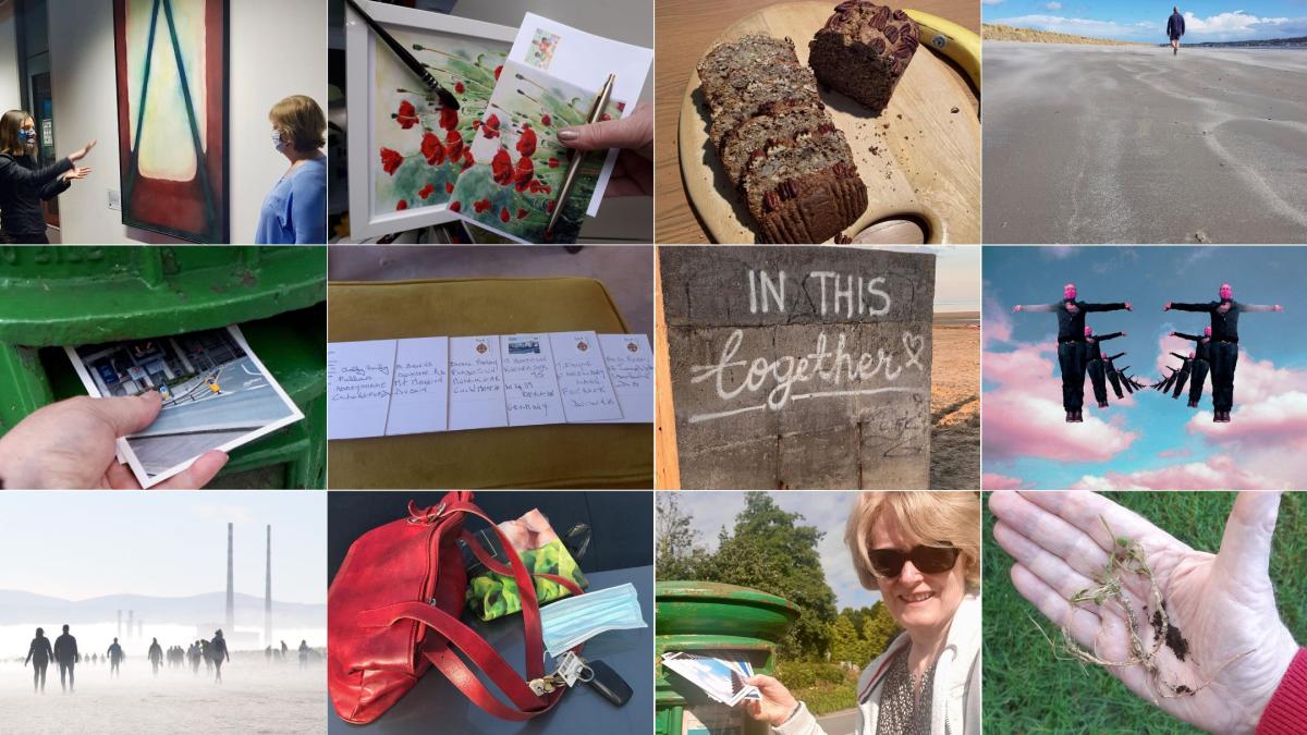 12 images - a selection images of the beach, postcards, watercolor and digital artwork and baking.