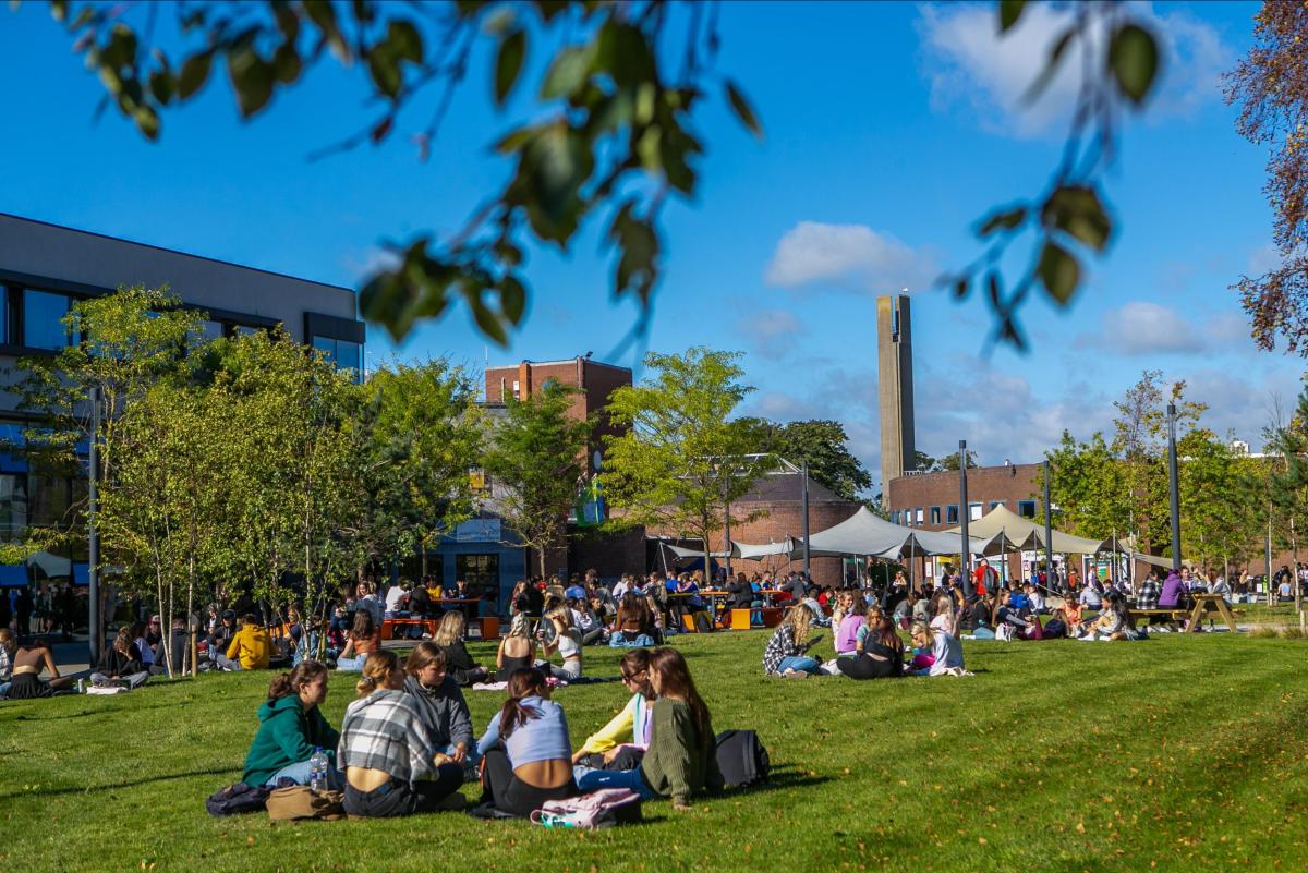 Image of students sitting on the green of DCU Glasnevin