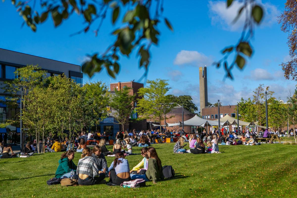 Image shows students sitting outside 