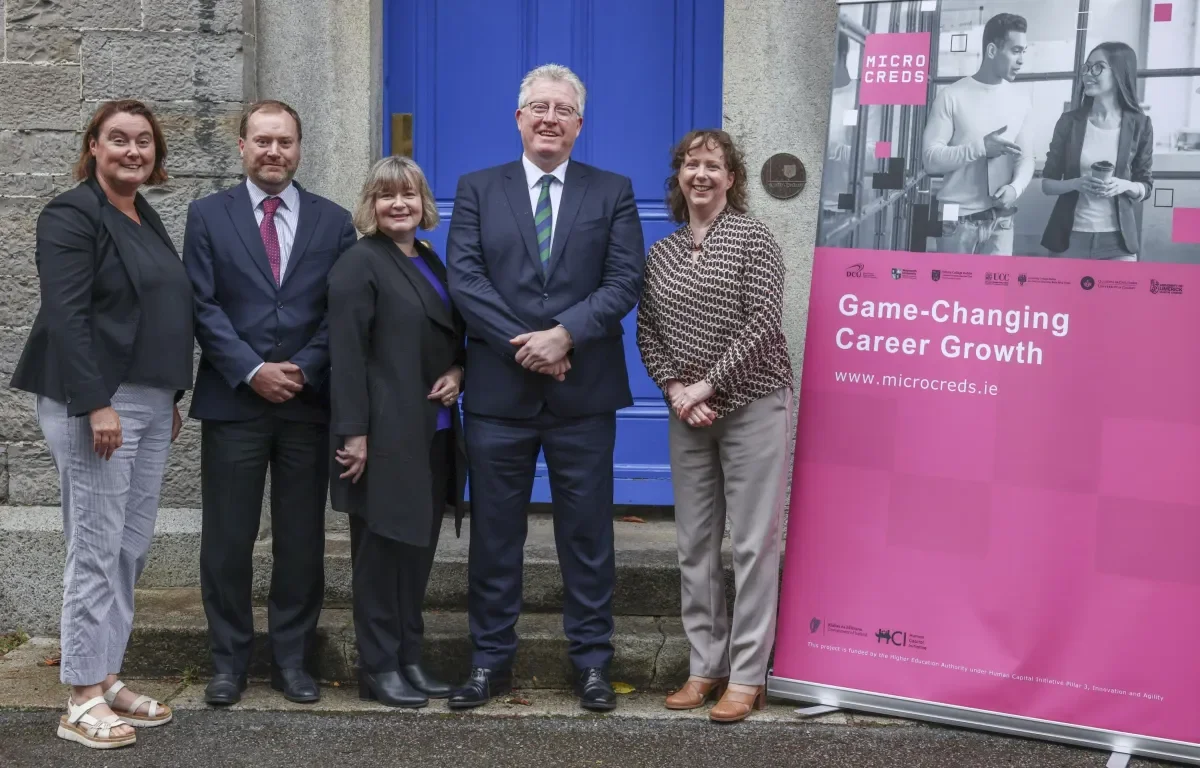 From left Dr. Mairéad Nic Giolla Mhichíl, Director of Strategy and Innovation for Micro-Credentials, Prof. Dermot Brabazon (Professor of Material Science & Engineering, Director of I-Form Research Centre), Dr. Jennifer Bruton, Executive Dean, Faculty of Engineering and Computing, Prof. Daire Keogh DCU President, Prof. Lisa Looney, Vice-President for Academic Affairs and Registrar