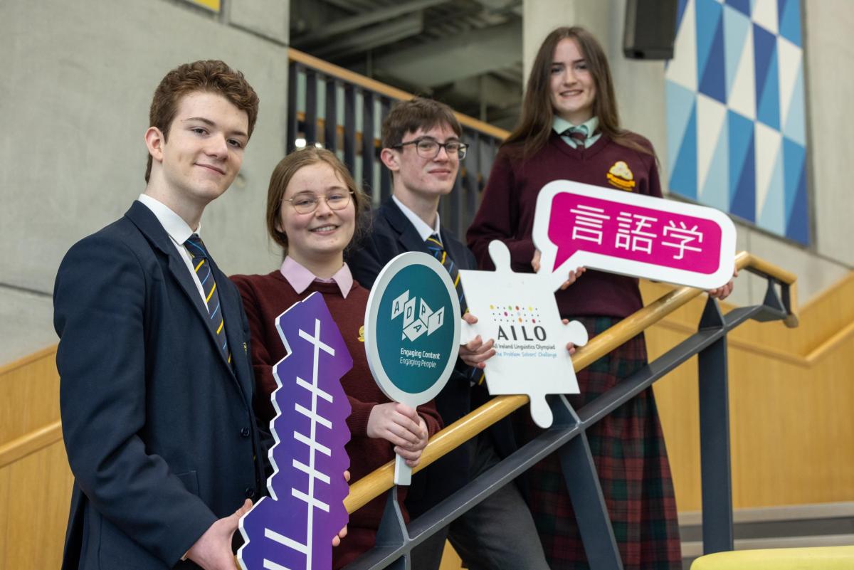 (L-R) Cracking Codes! Mark Doherty from Lumen Christi Derry, Sheena Ledwich from Loreto Cavan, Declan McClay from Lumen Christi Derry, and Áine Clancy from Loreto Cavan, took part in the final of the All Ireland Linguistics Olympiad today run by ADAPT, the SFI Research Centre for AI-Driven Digital Content Technology.  