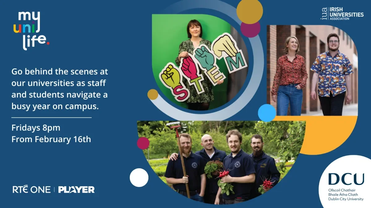 A promotional image for My Uni Life, a series on RTE that featured the ISL STEM Glossary. Elizabeth is featured in the promo, holding a cut-out sign with STEM in English and ISL fingerspelling.