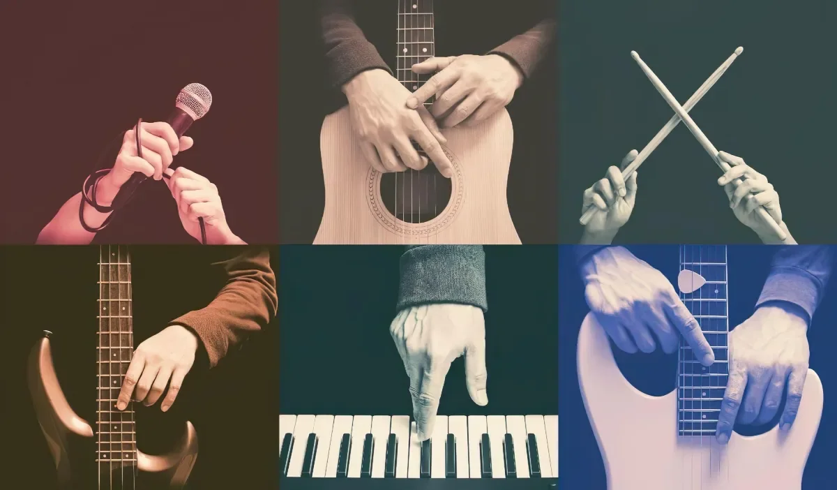 6 squares showing hands playing various instruments