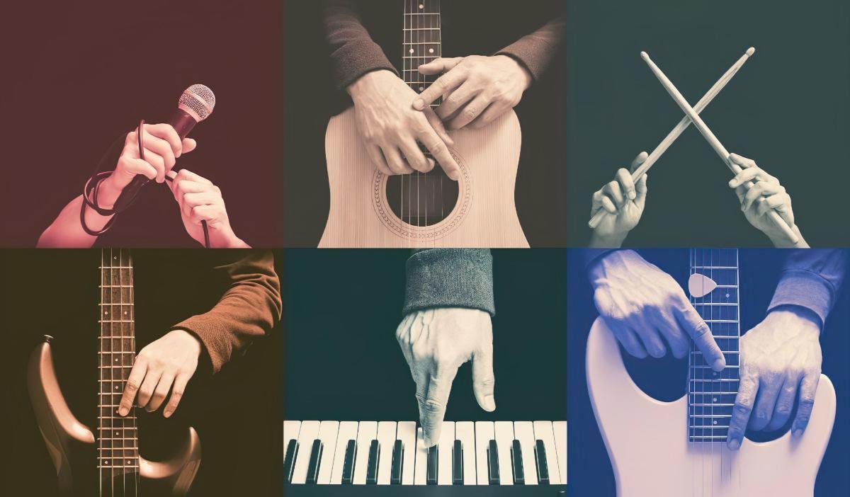 6 squares showing hands playing various instruments