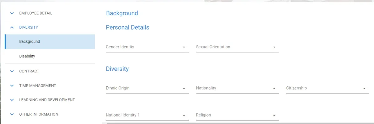 Once you are on the 'My Profile' page, click into the Diversity screen on the left hand side of the page (located underneath employee detail)