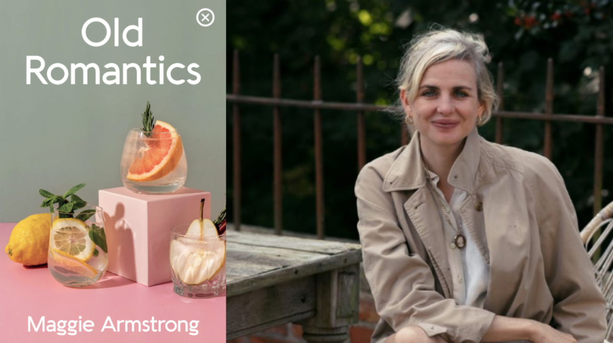 Split screen - book cover of a book called old romantics and the author Maggie Armstrong