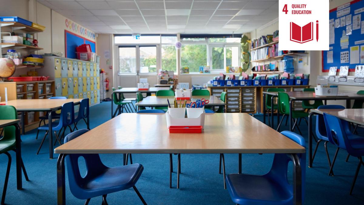 Shows empty primary school classroom