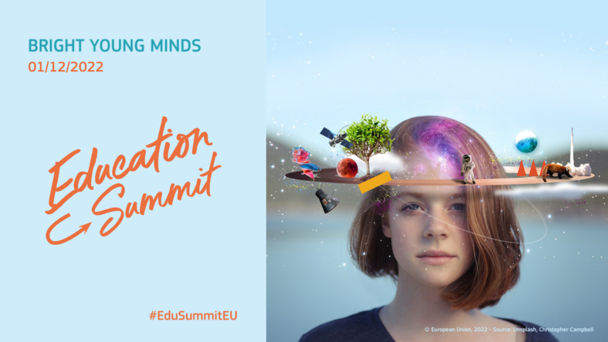 Shows image and text for Education Summit. Text reads: Bright Young Minds 01/12/2022. Education Summit. #EduSummitEU. Image features young woman