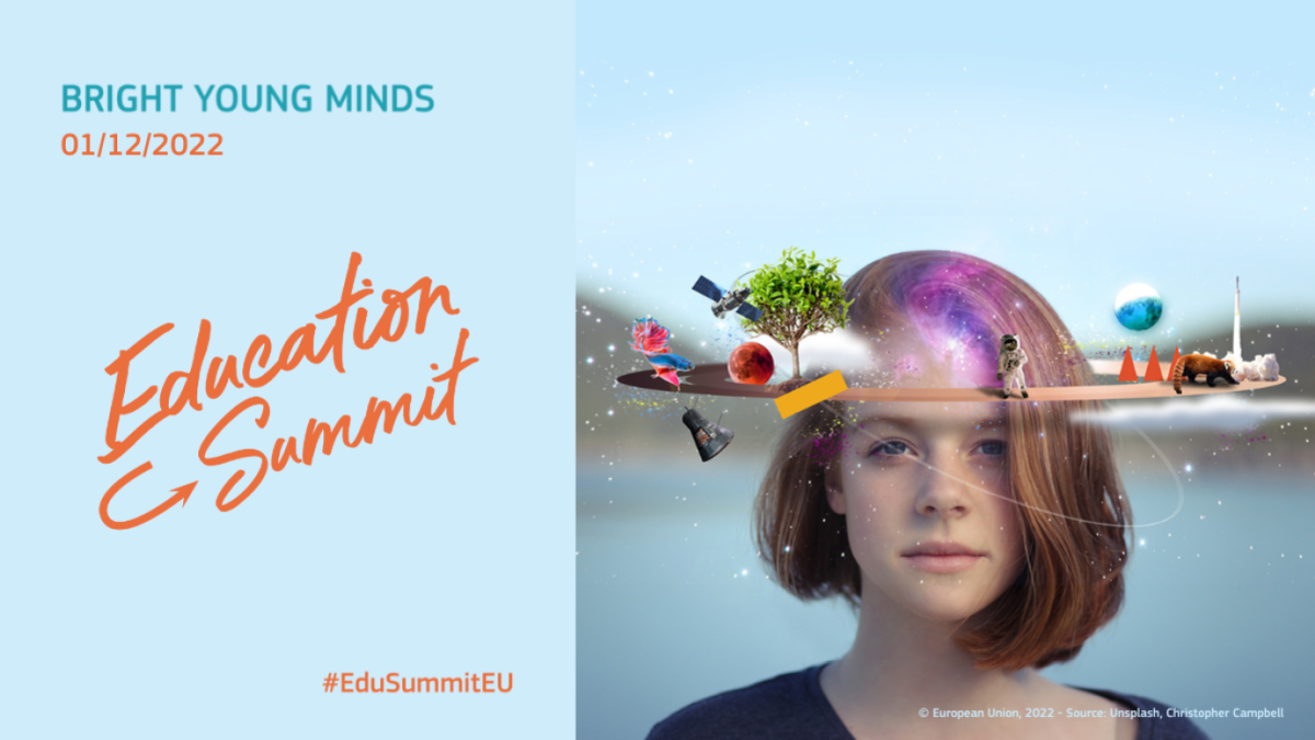 Shows image and text for Education Summit. Text reads: Bright Young Minds 01/12/2022. Education Summit. #EduSummitEU. Image features young woman 