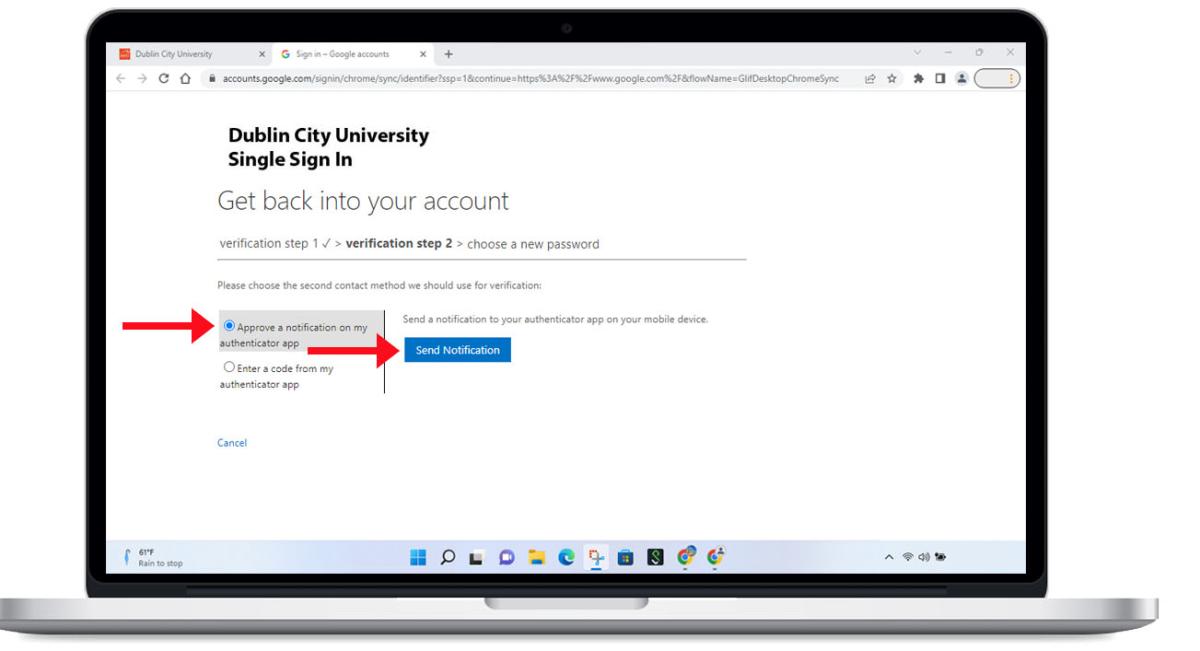 Password Reset Step 6, Choose to Approve notification on my autenticator app and click on the bluce Send Notification button.