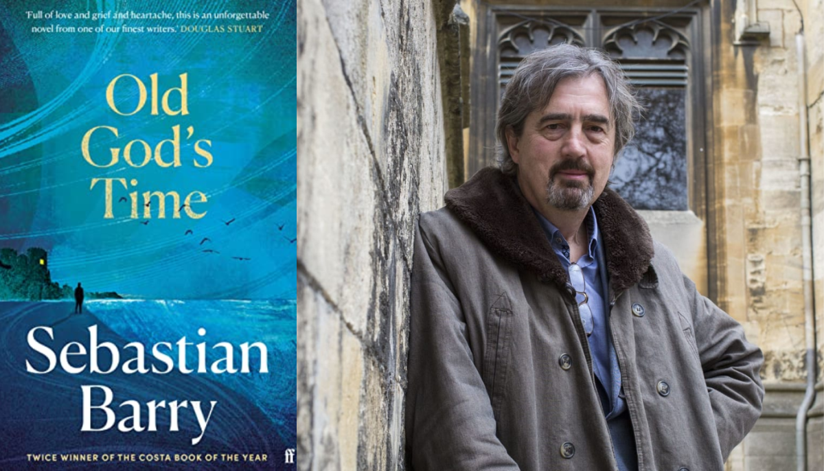 Shows the cover art for Old God's Time beside a picture of the author Sebastian Barry