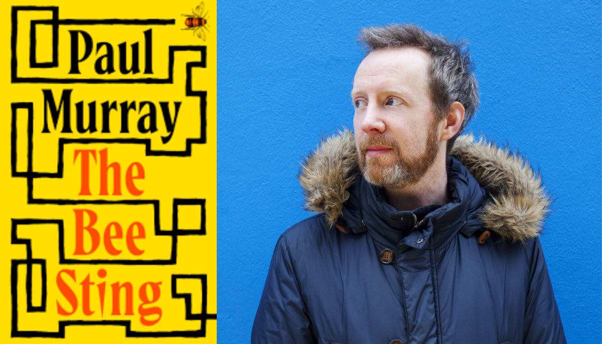 Shows the cover of the book 'The Bee Sting' beside an image of the author Paul Murray