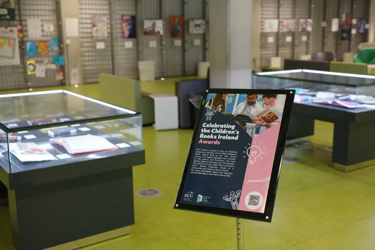 Image of the display cases in Cregan Library containing the Childrens Books Ireland Exhibition