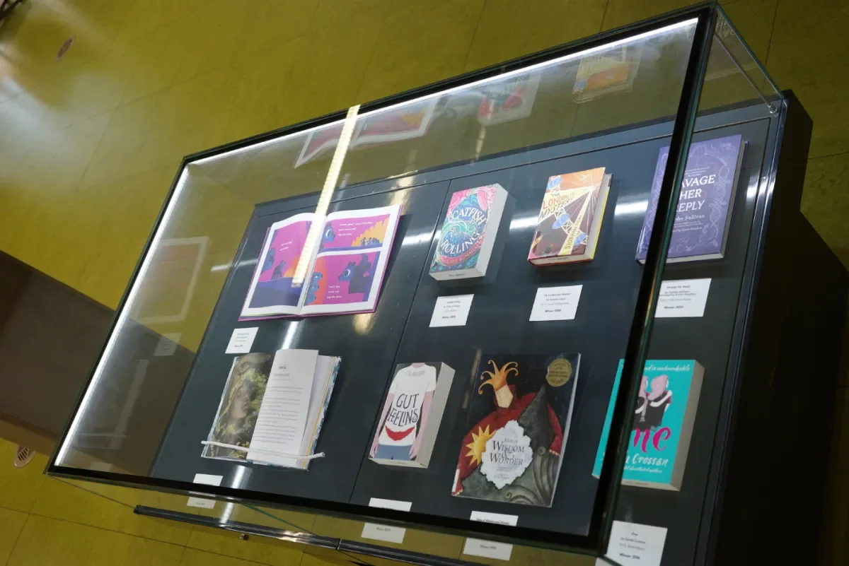 Image of the display cases in Cregan Library containing the Childrens Books Ireland Exhibition