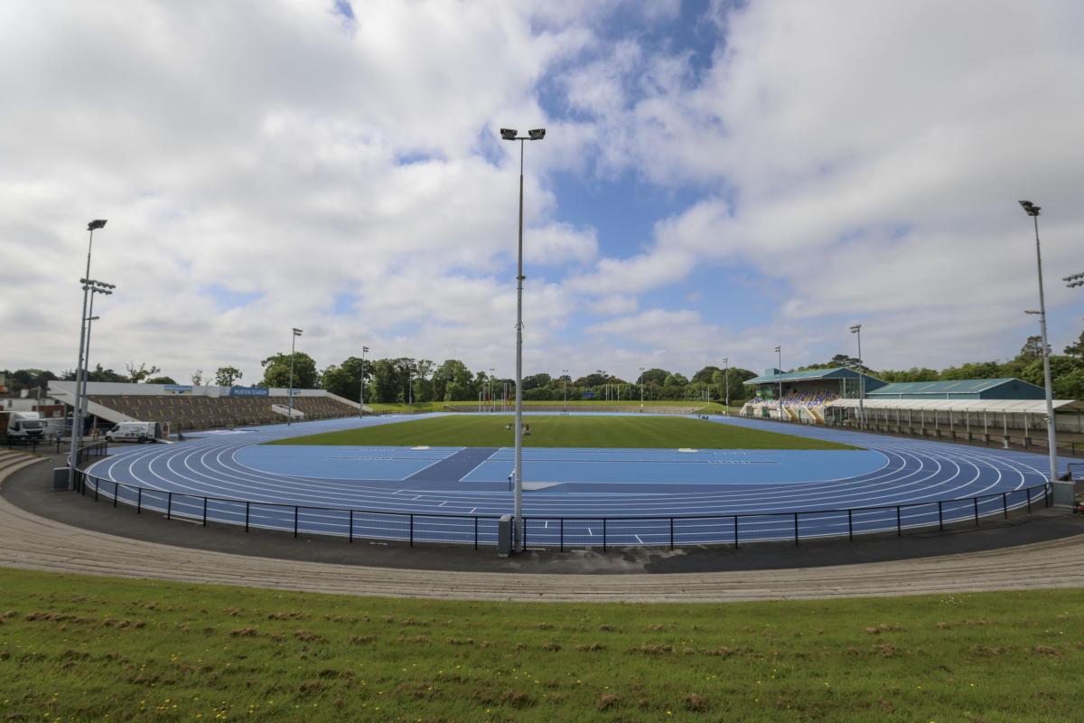 A wide shot of the newly upgraded track at Morton Stadium