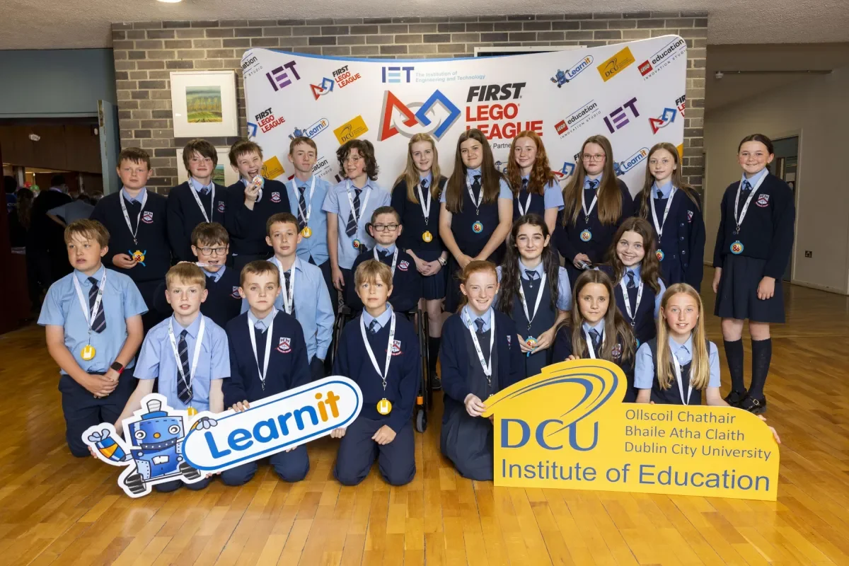 A group of students from St. Paul's NS Ratoath at the LEGO showcase in DCU