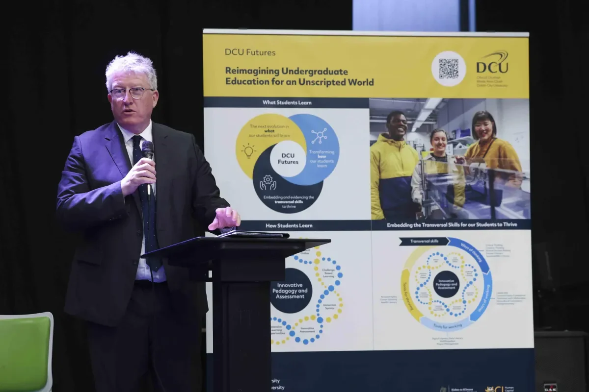 DCU President Prof Daire Keogh speaking at the DCU Futures Student Showcase 2024