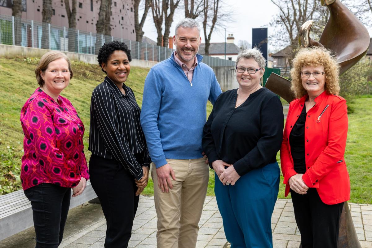 A photograph of the STint Team (from left to right) Angela Lally, Caprise Perrineau, David Farrell, Dr. Eilish McLoughlin, and Prof. Deirdre Butler.