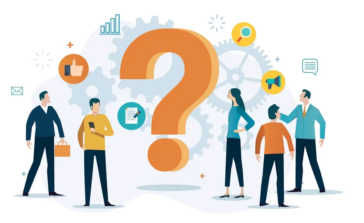 students surrounded by images and a big question mark 