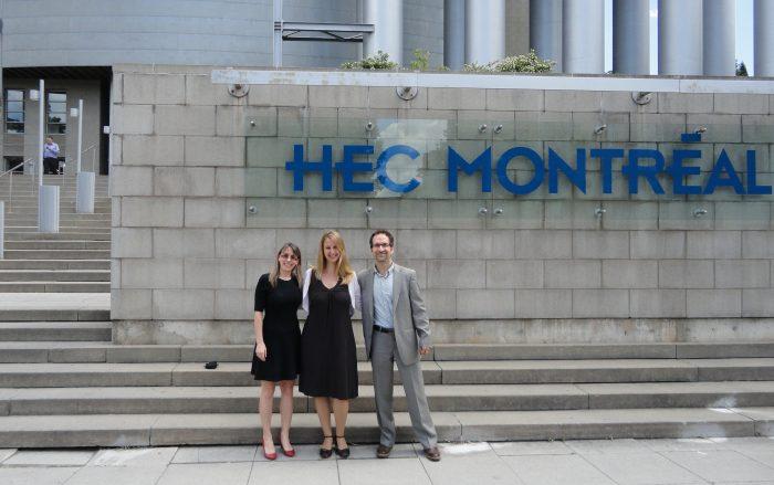 James M. Flaherty Professor Dr. Janine Bosak (centre) being welcomed by Prof. Denis Chenevert and Prof. Lucie Morissette to HEC 