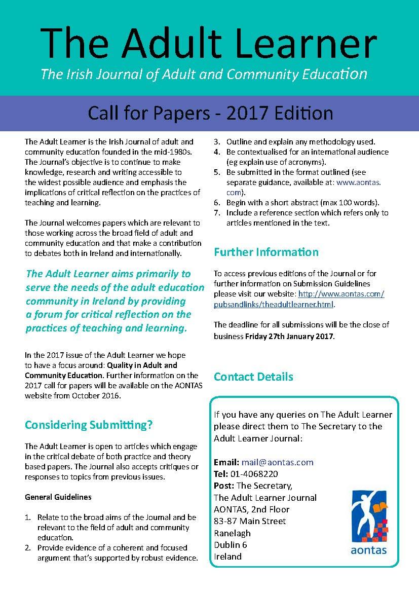 The Adult Learner Journal Call for Papers - 2017 Edition