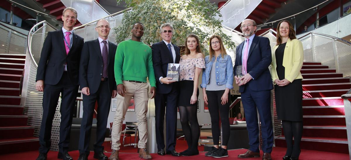 Bill McDermott, Global CEO of SAP with DCU Access students, Prof Brian MacCraith, President of DCU and Nathalie Walker of DCUET