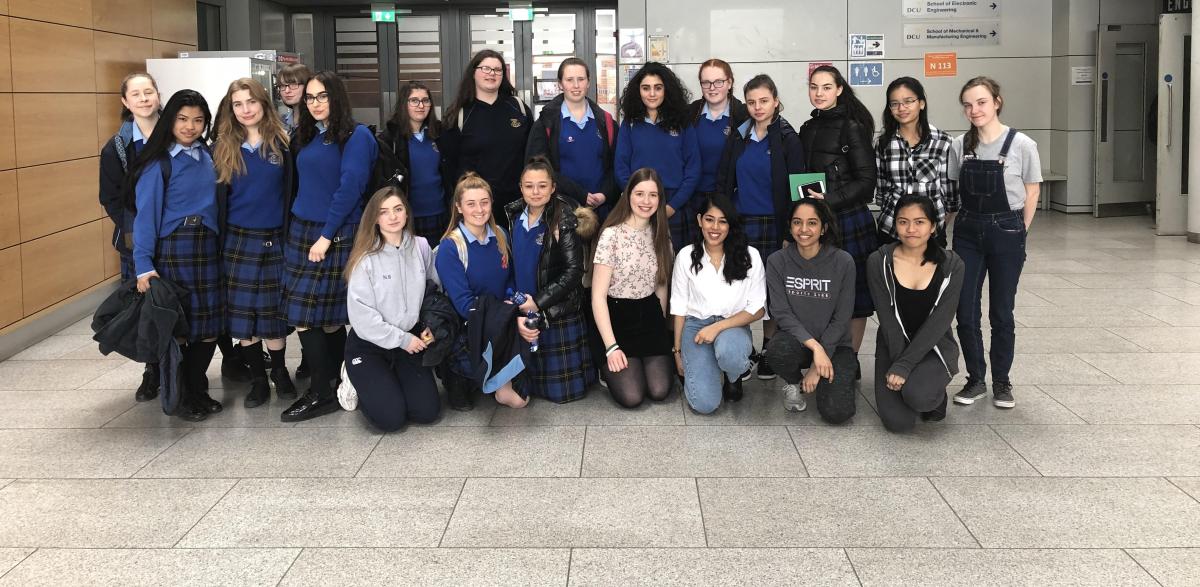 Students from St Marys, Glasnevin pose for a group shot with the DCU students who organised the event