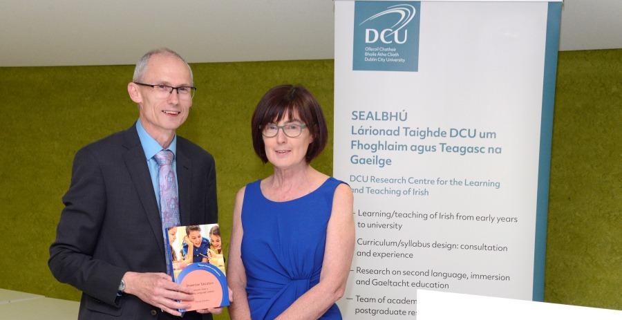 Prof Pádraig Ó Duibhir and Muireann Ní Mhóráin, Chief Executive of An Chomhairle um Oideachas Gaeltachta agus Gaelscolaíochta
