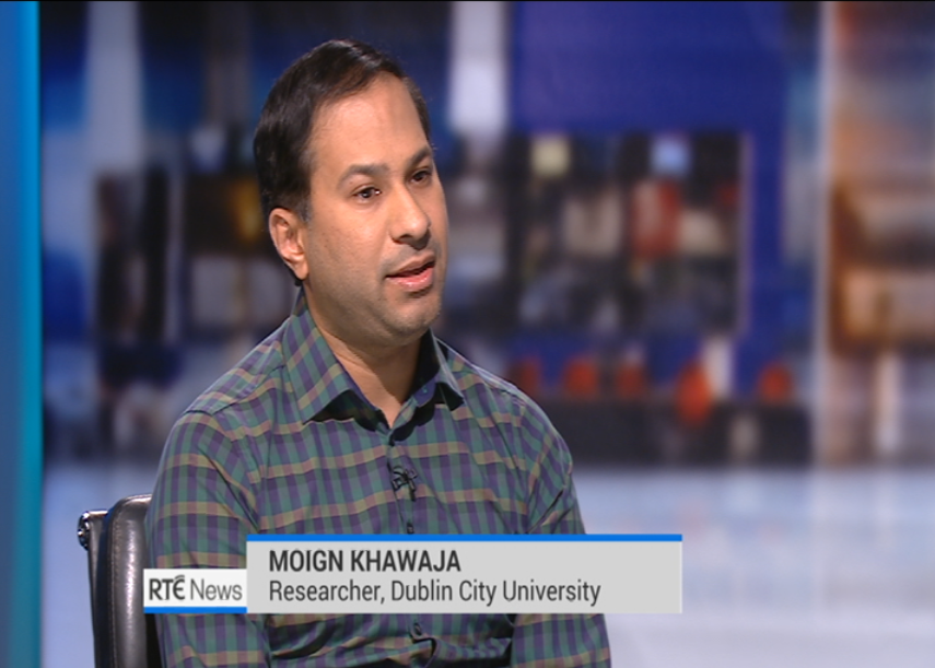 Moign Khawaja interviewed by RTÉ news presenter Caitríona Perry