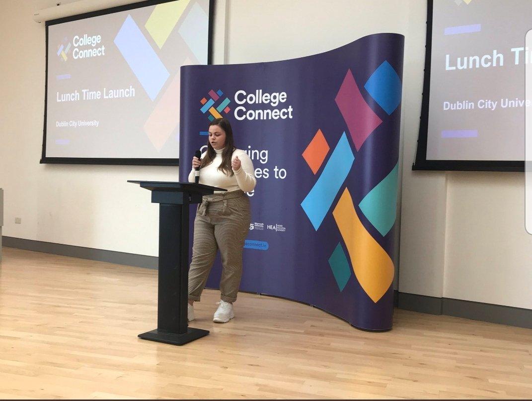 MC Cassie Hunt, a DCU student, speaks at DCU launch of College Connect