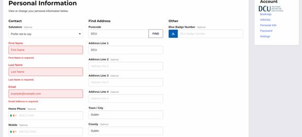 Shows screenshot from parking permit system where user is inputting address for DCU