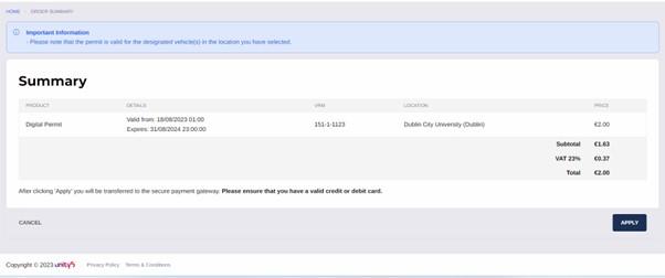 Shows screenshot from parking permit system with Order Summary as part of Step 5