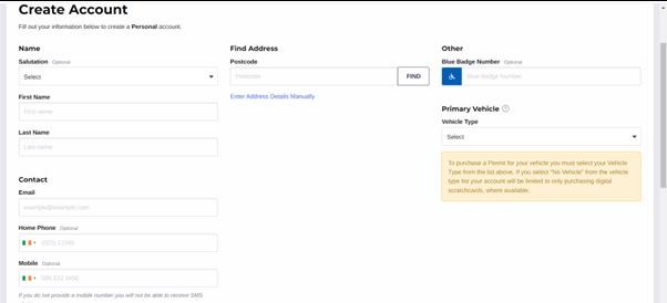 Shows screenshot from parking permit system with Step 3 'create account' option