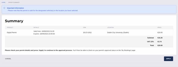 Shows screenshot from parking permit log in system - illustrates step 4 after user purchases permit